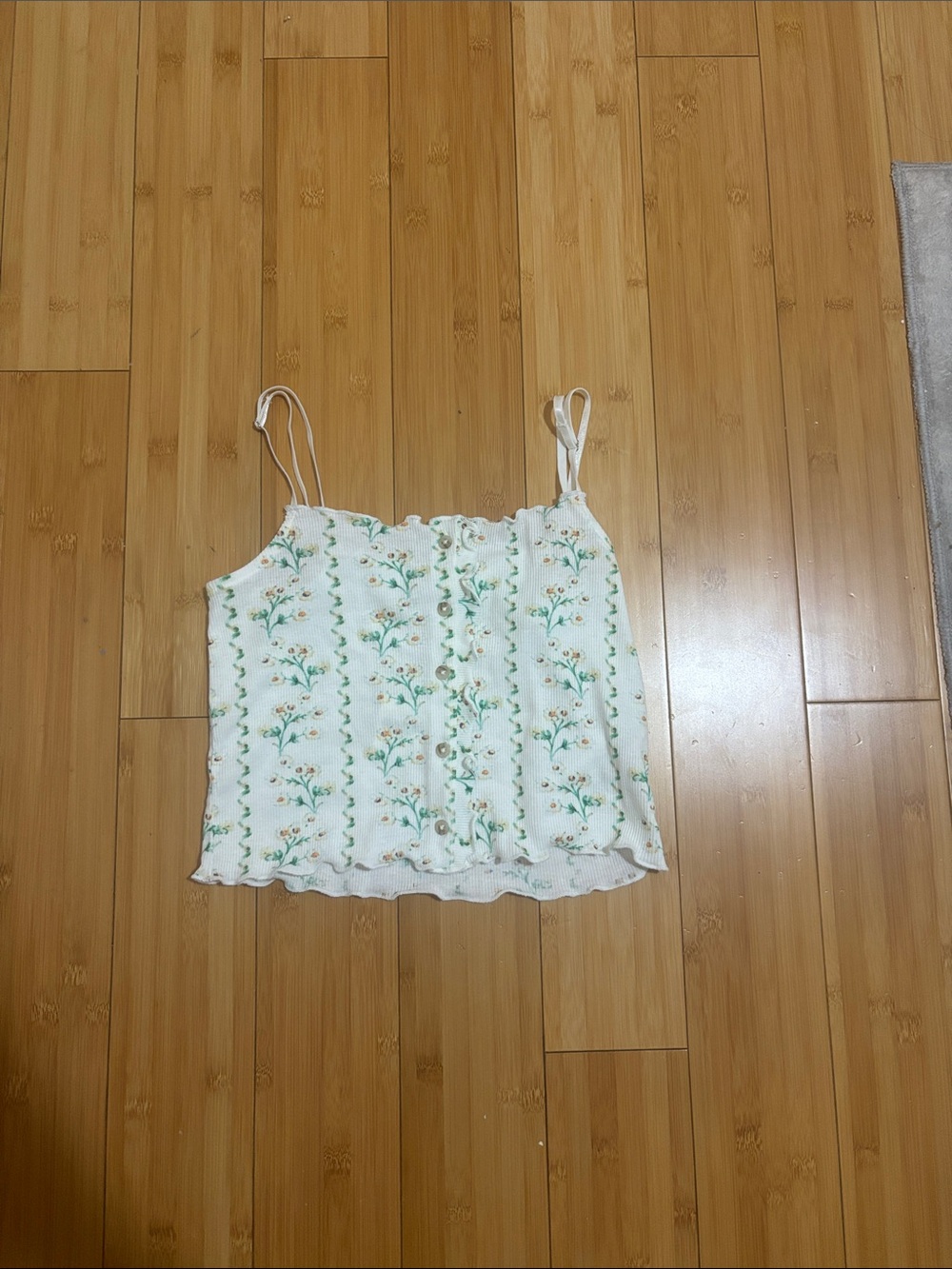 Anthropologie White Cami with Green Floral Print